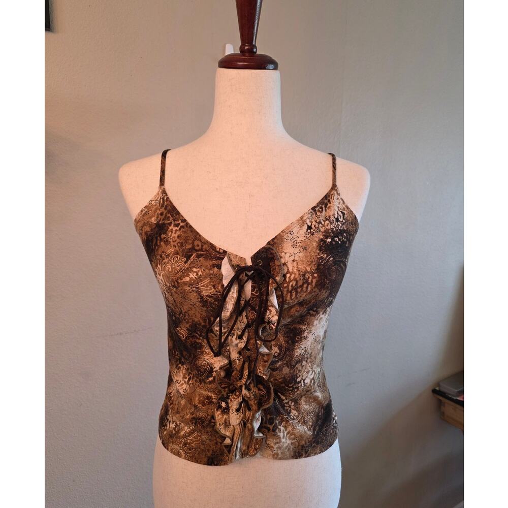 VTG Charlotte Russe Women's Spaghetti Strap Lace Up Ruffle Y2K Top Leopard
